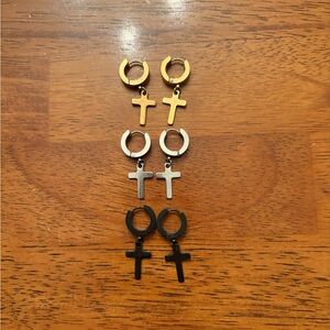 Gold, Silver, and Black Cross Hoop Earrings Set